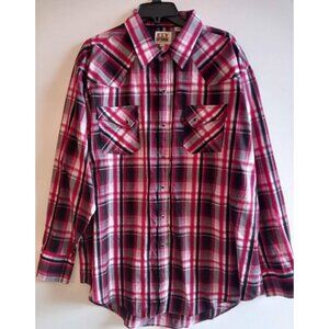 Ely Cattleman Mens XXL Western Snap Shirt Plaid Red Black Grey Long Sleeve